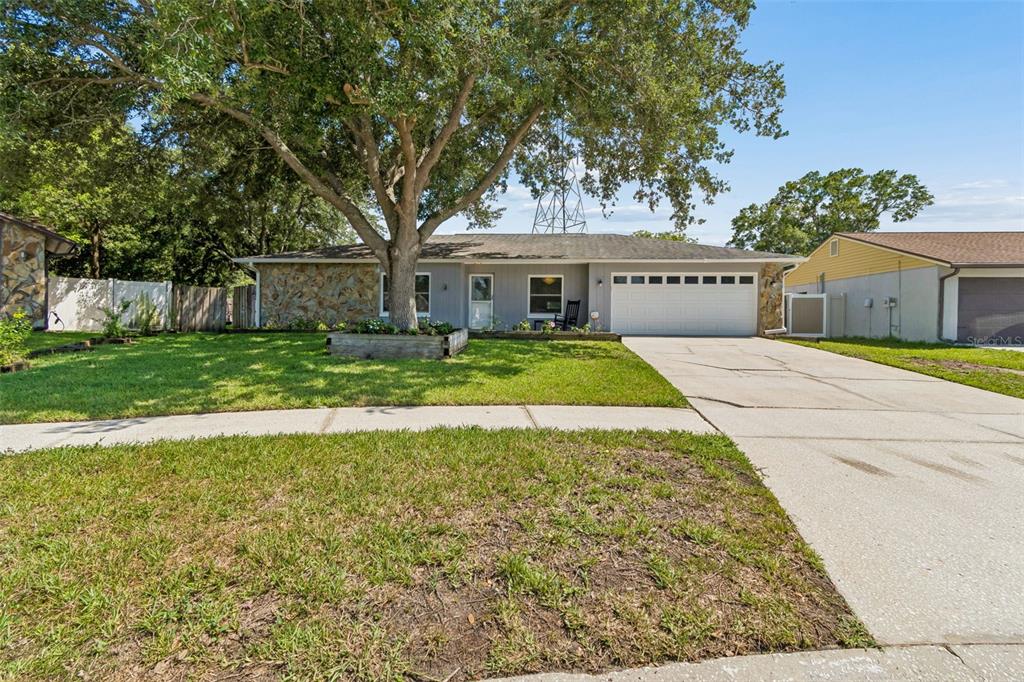 A single-story house with a stone facade, a large tree, and a concrete driveway — 16205 SAWGRASS CIRCLE, TAMPA, FL