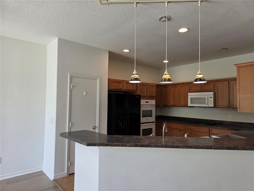 A kitchen features wood cabinets, dark countertops, a black refrigerator, and three pendant lights — 3659 SOARING LANE, SANFORD, FL
