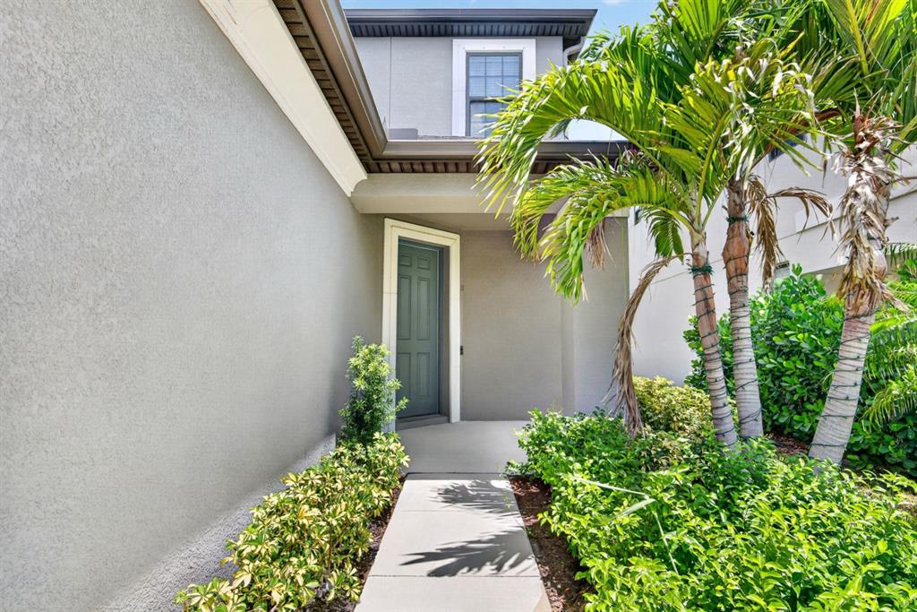 A concrete walkway leads to the front entrance of a gray stucco house with palms — 16443 PAYNES MILL DRIVE, BRADENTON, FL