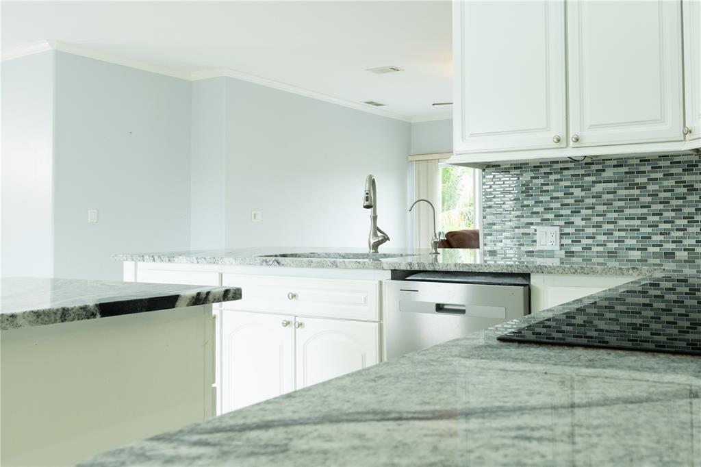 A kitchen features white cabinets, granite countertops, a stainless steel dishwasher, and a glass-tiled backsplash — 8345 TRILLIUM ROAD, FORT MYERS, FL