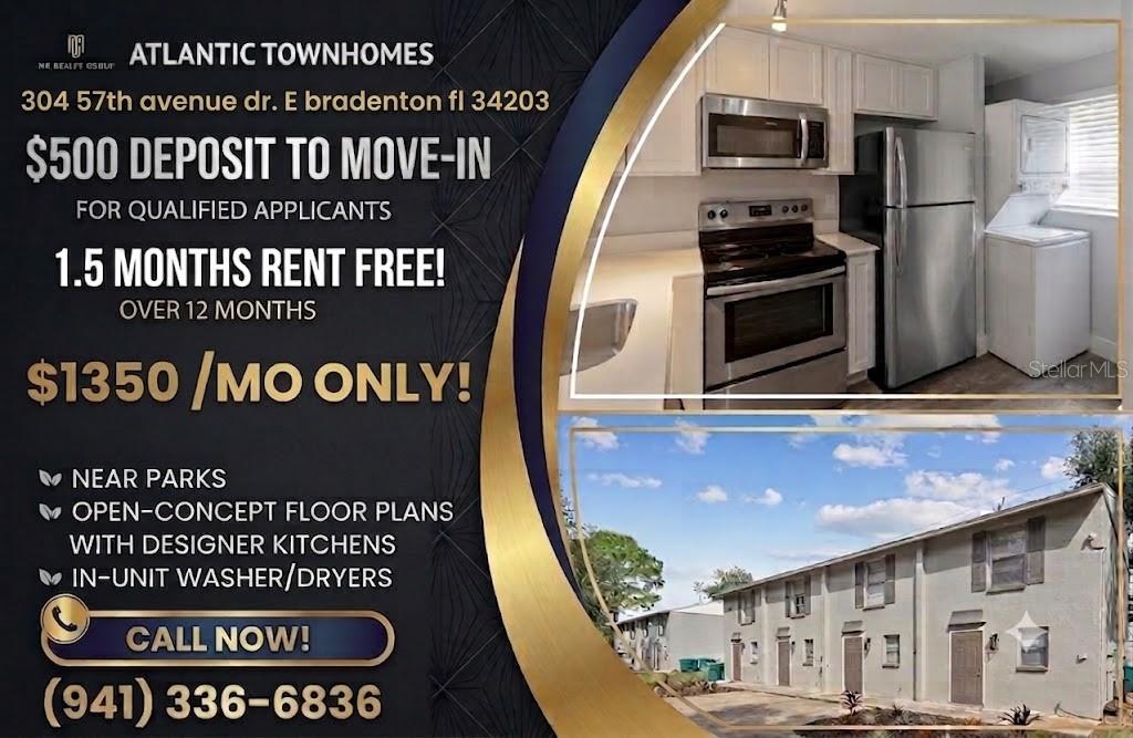 This image shows a kitchen with stainless steel appliances and an exterior view of townhomes — 408 57TH AVENUE DRIVE E UNIT C, BRADENTON, FL