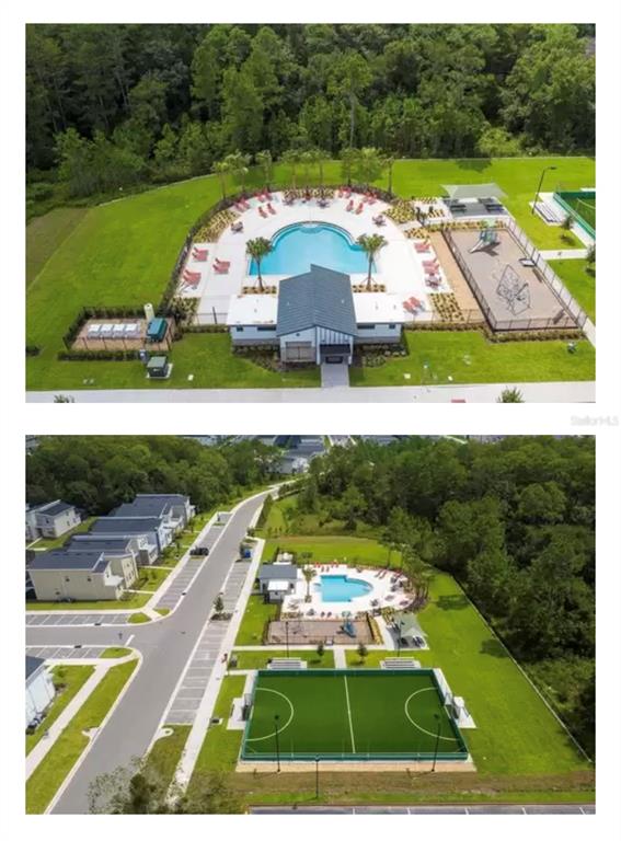 An aerial view shows a community pool, playground, and sports field surrounded by green space — 2850 STANZA COURT, KISSIMMEE, FL