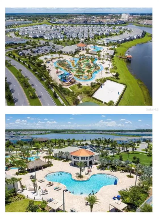Aerial view of a residential community featuring a swimming pool, water slide, and lake — 2850 STANZA COURT, KISSIMMEE, FL