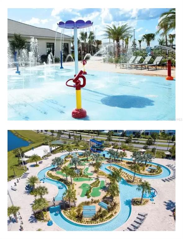 The images show a splash pad with water features and an aerial view of a lazy river — 2850 STANZA COURT, KISSIMMEE, FL
