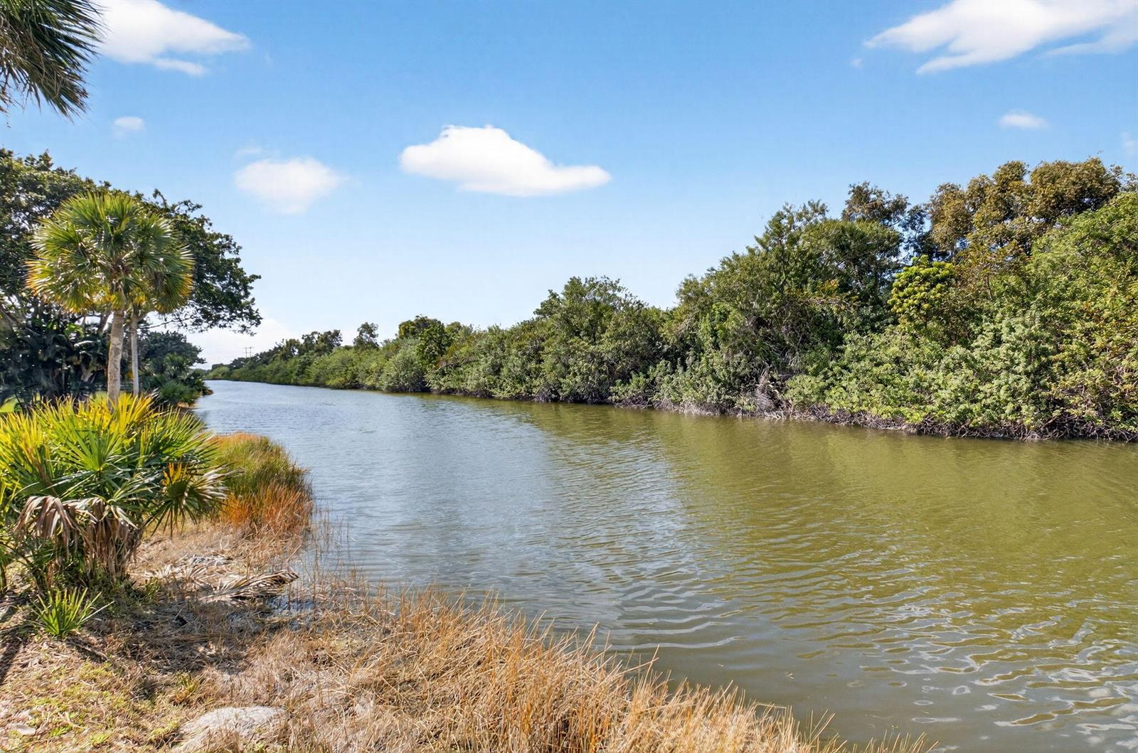 A narrow canal flows through a landscape of green trees and tall grasses under blue skies — 10965 La Reina Road, Delray Beach FL 33446, DELRAY BEACH, FL