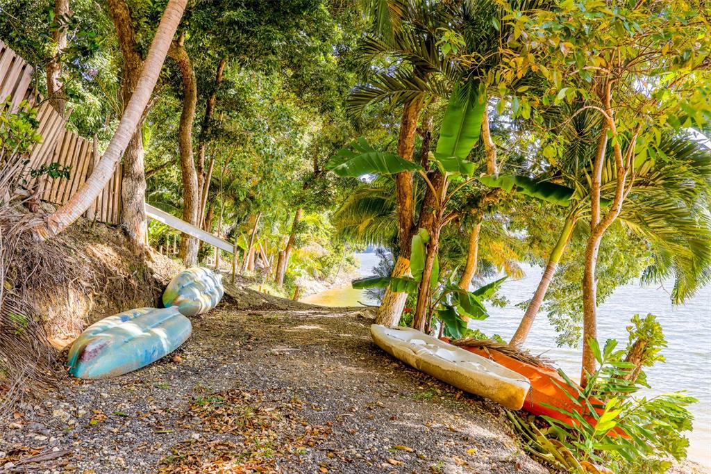 A gravel path leads toward a waterfront area with several kayaks resting under tropical trees — KM 22.1 CARR 119, SAN SEBASTIAN, PR