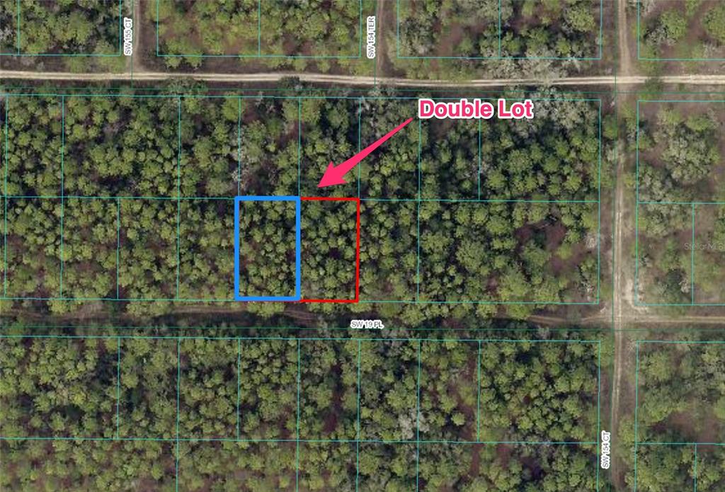 This aerial map shows two adjacent rectangular lots highlighted in blue and red — SW 19TH PLACE, OCALA, FL