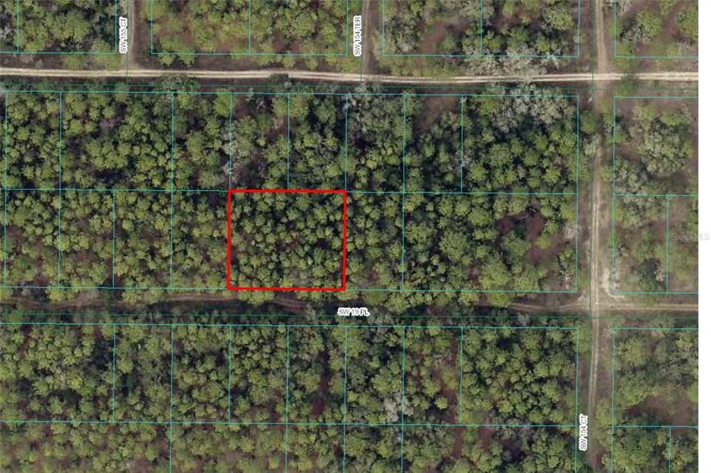 This is an aerial map showing a rectangular plot of land highlighted in red — SW 19TH PLACE, OCALA, FL