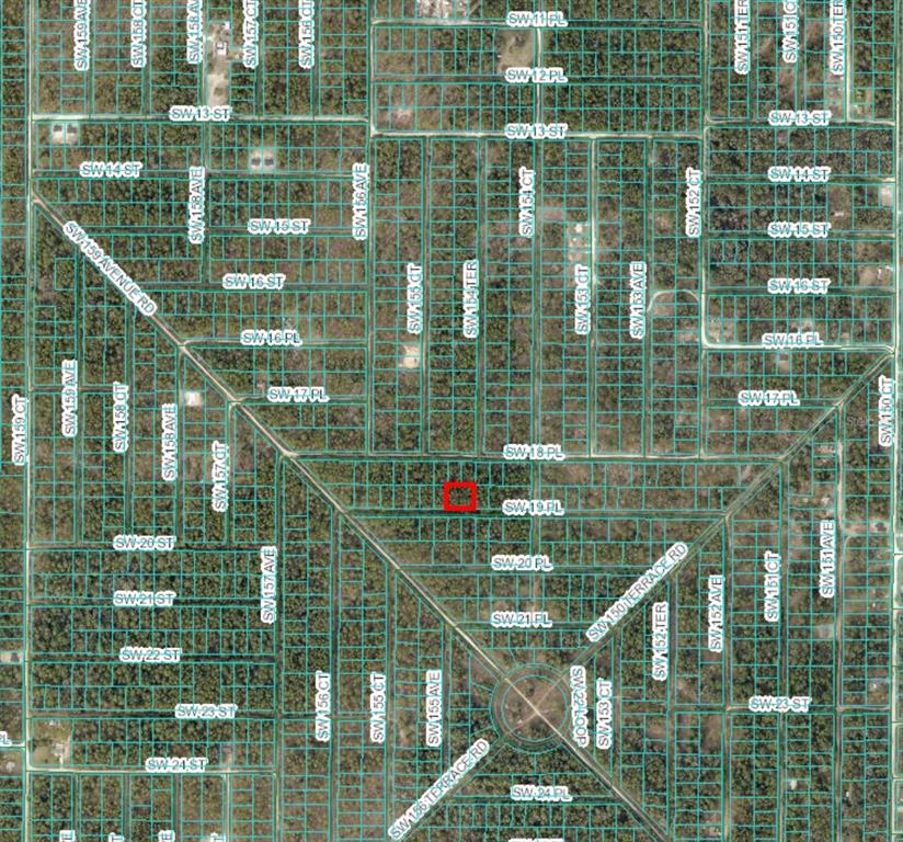 This is a satellite map showing a residential area with a highlighted property lot — SW 19TH PLACE, OCALA, FL