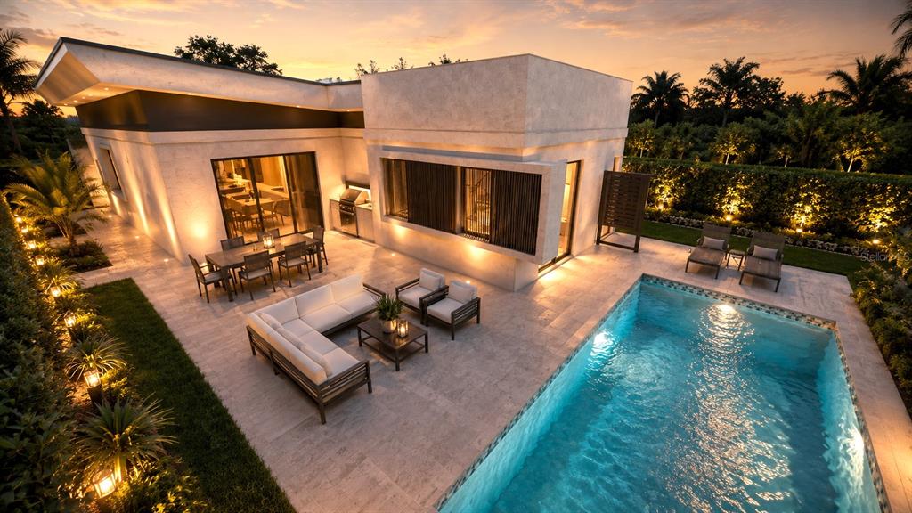 This rendering shows a modern house exterior with a patio, swimming pool, and outdoor furniture — 2344 BAY STREET W, SARASOTA, FL
