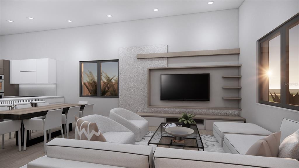 This rendering shows a modern living room with a dining area and a media wall — 2344 BAY STREET W, SARASOTA, FL