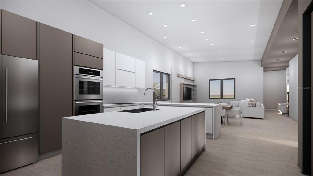 This rendering shows a modern kitchen with a large island, stainless appliances, and white cabinetry — 2344 BAY STREET W, SARASOTA, FL