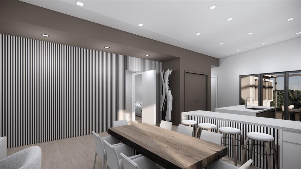 This rendering shows a modern dining area with a slatted accent wall and kitchen island — 2344 BAY STREET W, SARASOTA, FL