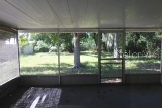 A screened-in porch overlooks a grassy backyard with several trees — 905 MARION DRIVE, MOUNT DORA, FL