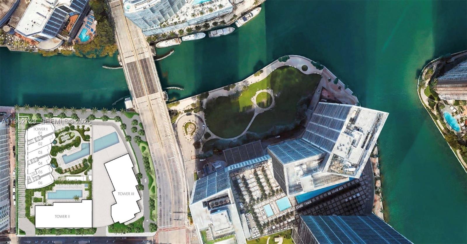 An aerial rendering shows a residential complex with three towers, swimming pools, and landscaped grounds — 99 SE 5th street, Miami FL 33131, MIAMI, FL