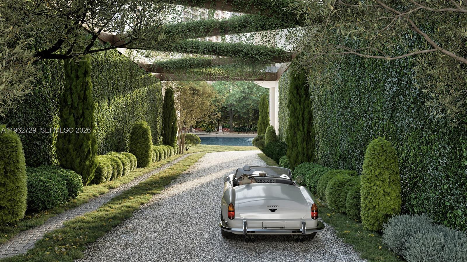 This rendering shows a classic silver convertible parked on a gravel driveway between manicured hedges — 99 SE 5th street, Miami FL 33131, MIAMI, FL