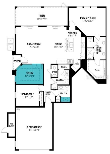 This is a floor plan for a single-story home featuring a garage, lanai, and three bedrooms — 12829 JADE EMPRESS LOOP UNIT 101, VENICE, FL