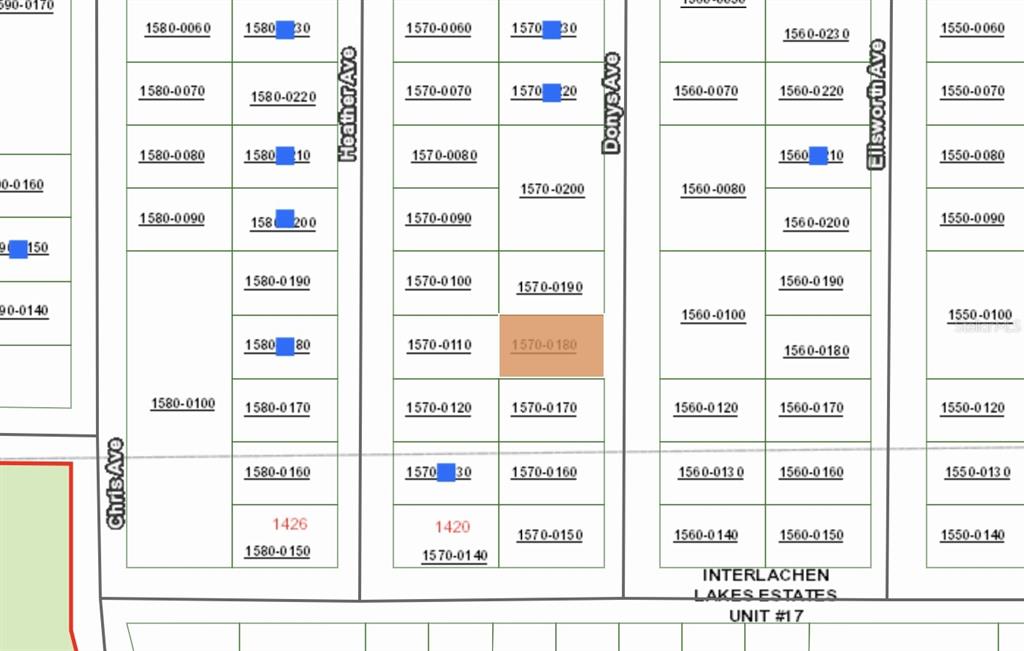 This is a map showing property parcel numbers and street names in a residential area — 00 DONYS AVENUE, INTERLACHEN, FL