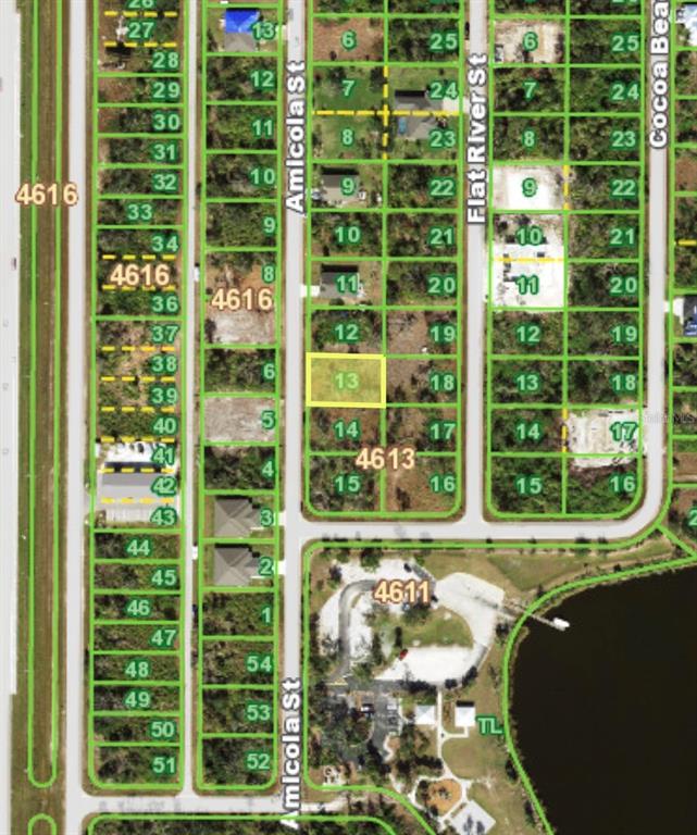 This is an aerial map showing a residential neighborhood with highlighted land parcels — 10118 AMICOLA STREET, PORT CHARLOTTE, FL