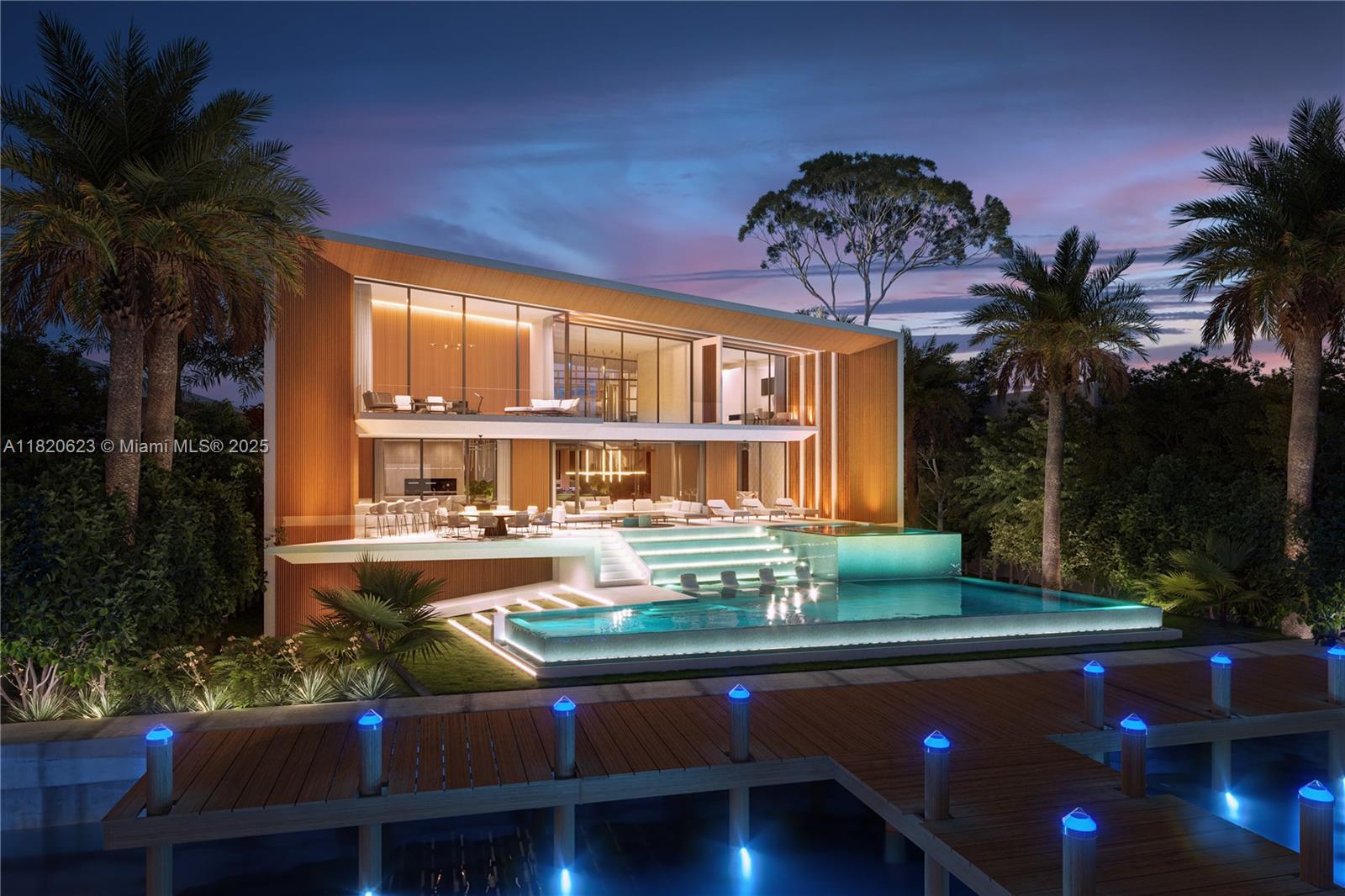 This architectural rendering shows a modern two-story waterfront home with a pool and wooden dock — 3100 N Bay Rd, Miami Beach FL 33140, MIAMI BEACH, FL