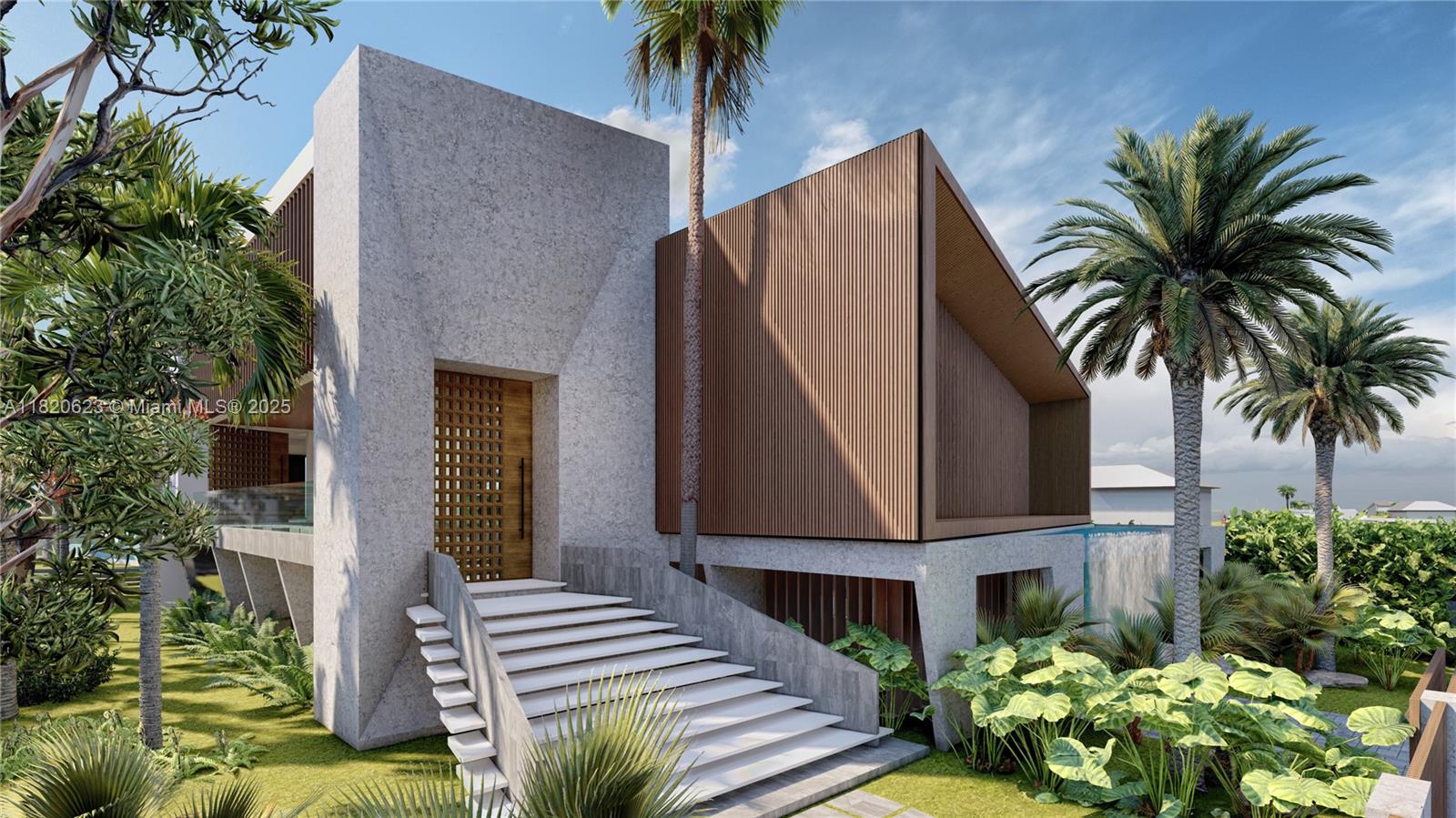 This architectural rendering shows a modern home with concrete walls, wood siding, and exterior stairs — 3100 N Bay Rd, Miami Beach FL 33140, MIAMI BEACH, FL