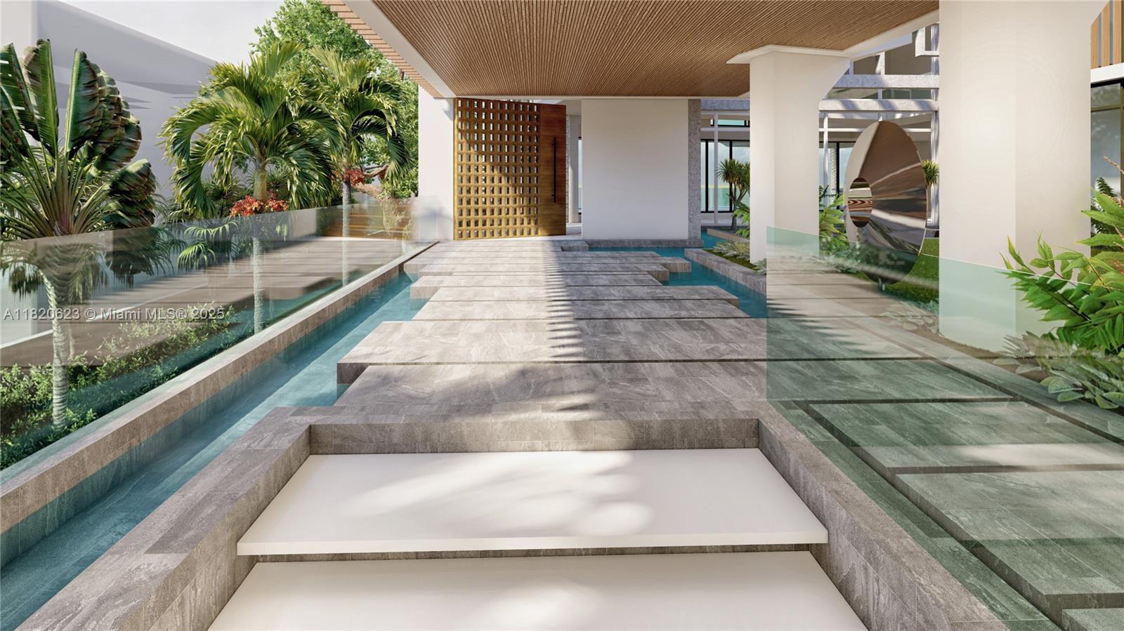 This architectural rendering shows a modern entryway with stone steps over a water feature — 3100 N Bay Rd, Miami Beach FL 33140, MIAMI BEACH, FL