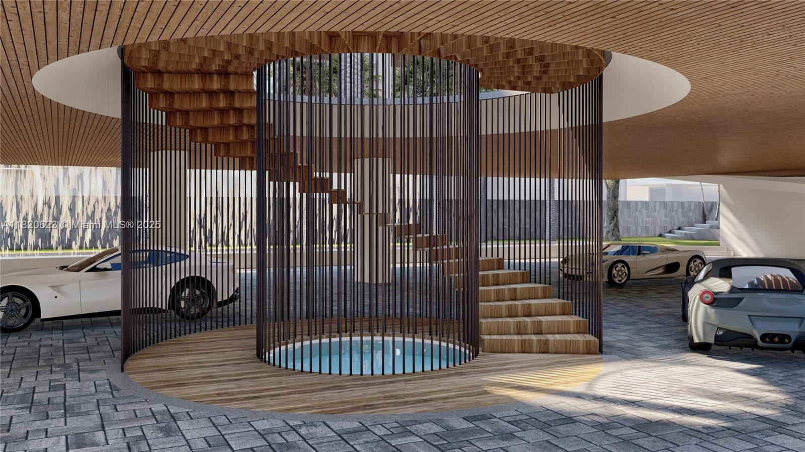 This architectural rendering shows a circular wooden staircase surrounding a small pool in a garage — 3100 N Bay Rd, Miami Beach FL 33140, MIAMI BEACH, FL