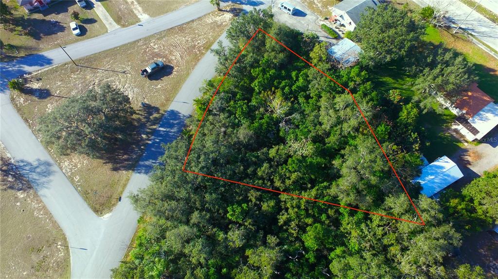 An aerial view shows a triangular, tree-covered vacant lot outlined in red — 0 POINSETTIA DRIVE, LAKE WALES, FL