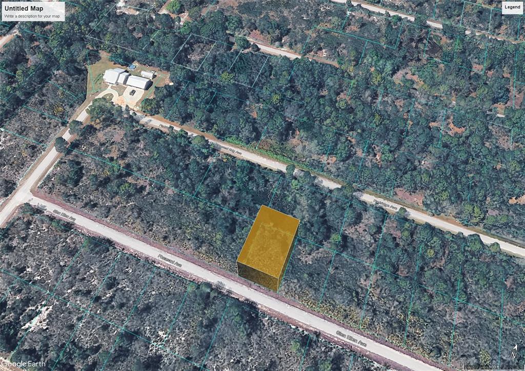 This aerial rendering shows a vacant, wooded lot highlighted in purple along a paved road — 3413 PHEASANT AVENUE, LAKE PLACID, FL