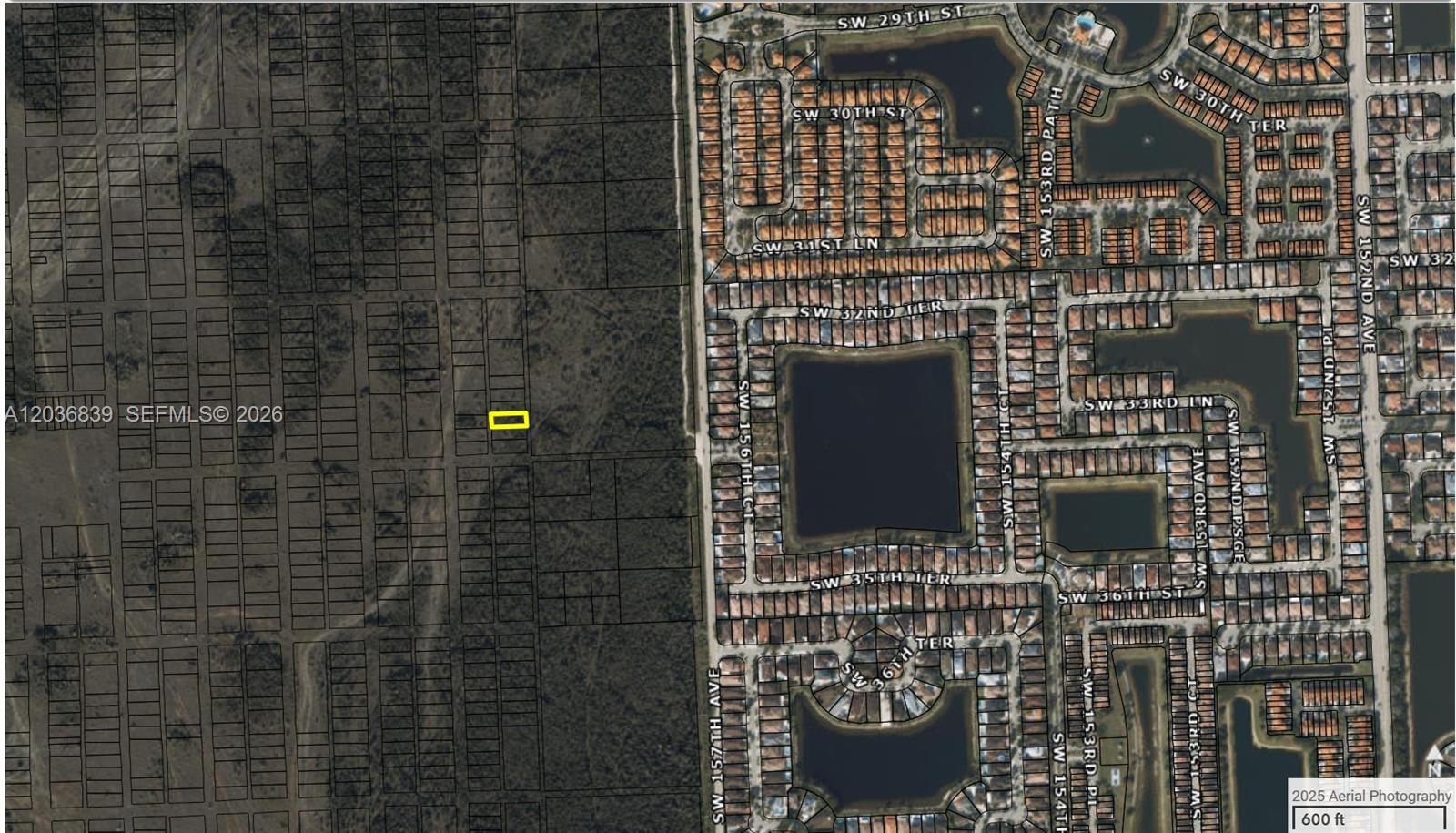 This is an aerial map showing a highlighted vacant lot adjacent to a residential neighborhood — n/a, Miami FL 33185, MIAMI, FL