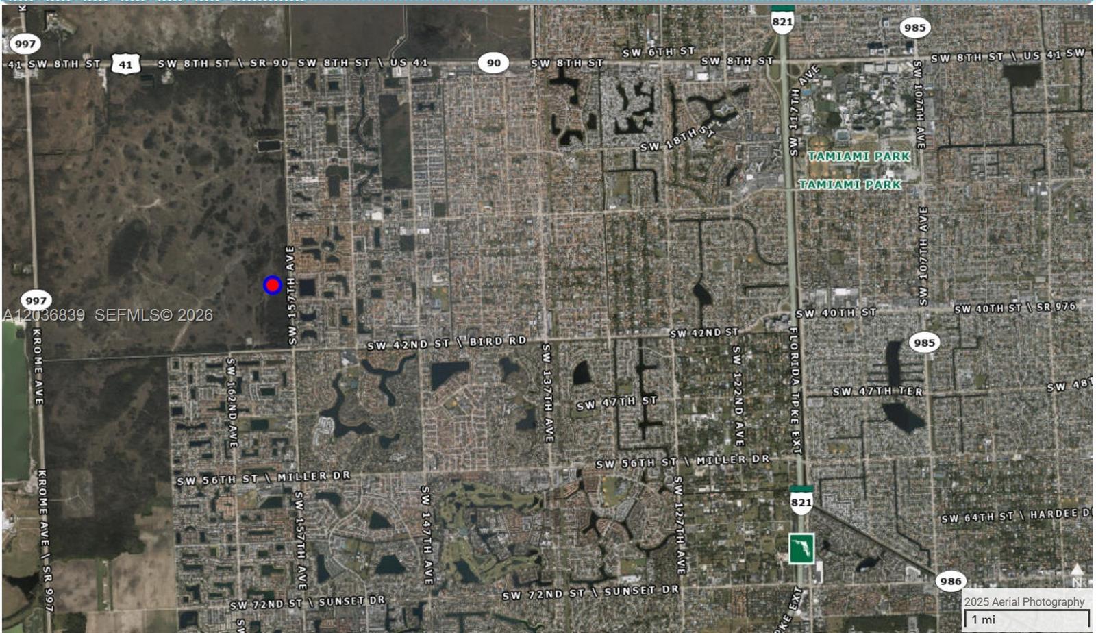 This is an aerial map showing a residential area with a blue location marker — n/a, Miami FL 33185, MIAMI, FL