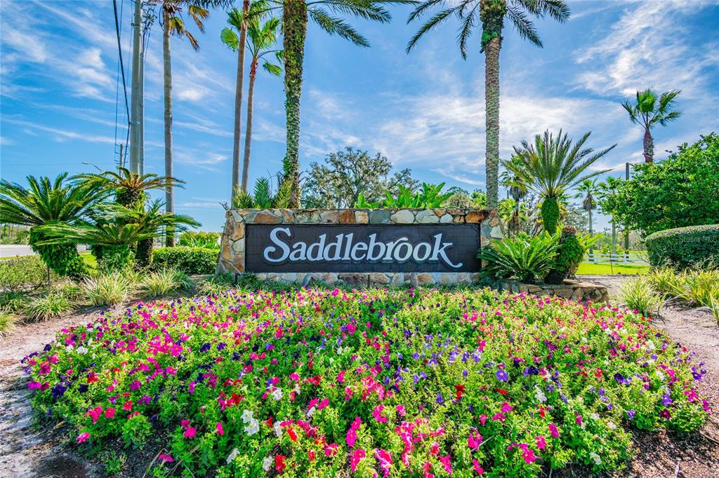 A stone monument sign for Saddlebrook sits behind a vibrant bed of colorful flowers — 29244 WHIPPORWILL LANE, WESLEY CHAPEL, FL