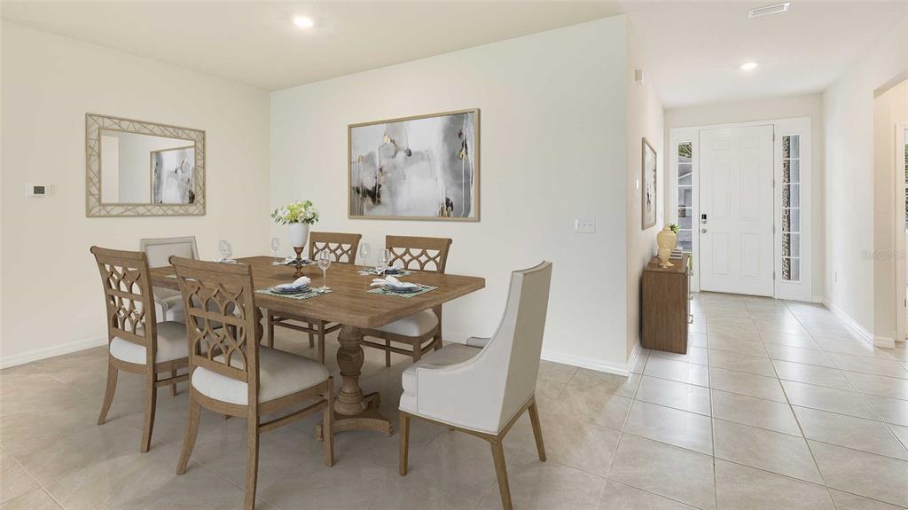 A dining room with a wooden table, six chairs, and tile flooring near an entryway — 304 158TH STREET E, BRADENTON, FL