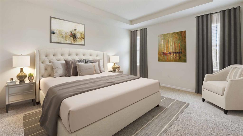 A bedroom features a tufted headboard, a neutral color palette, and a corner armchair — 304 158TH STREET E, BRADENTON, FL