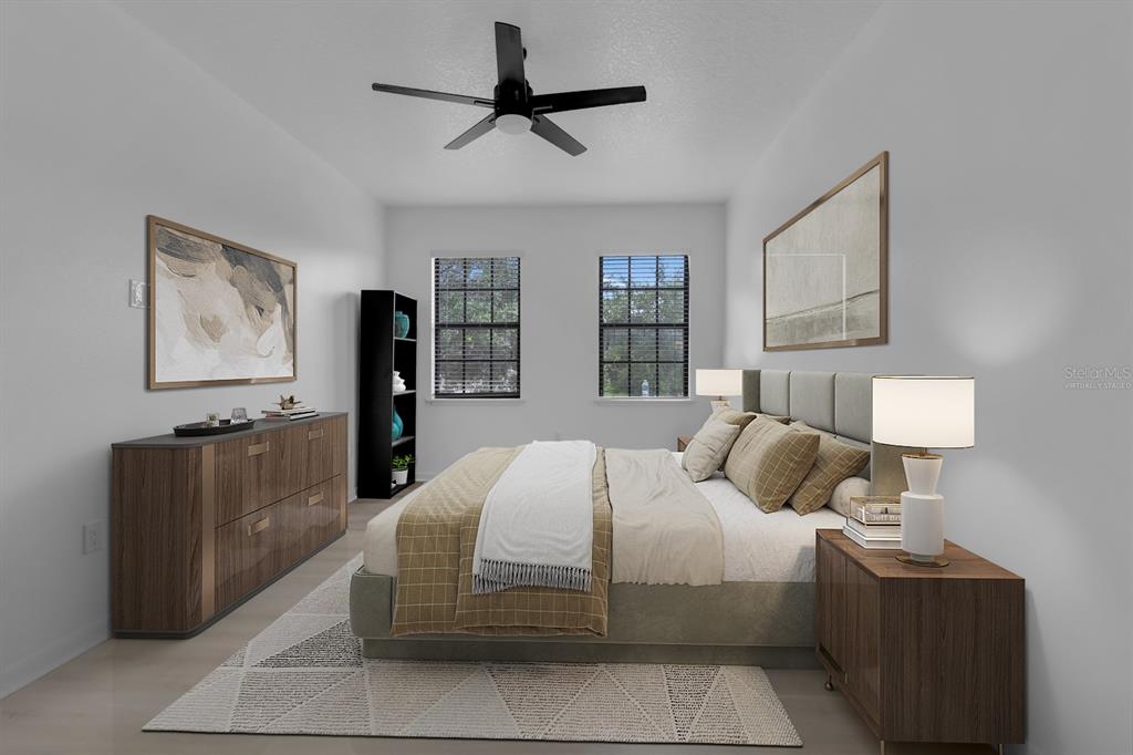This is a virtually staged bedroom featuring a bed, dresser, nightstand, and two windows — 4210 WINDSOR LAKE CIRCLE, SANFORD, FL