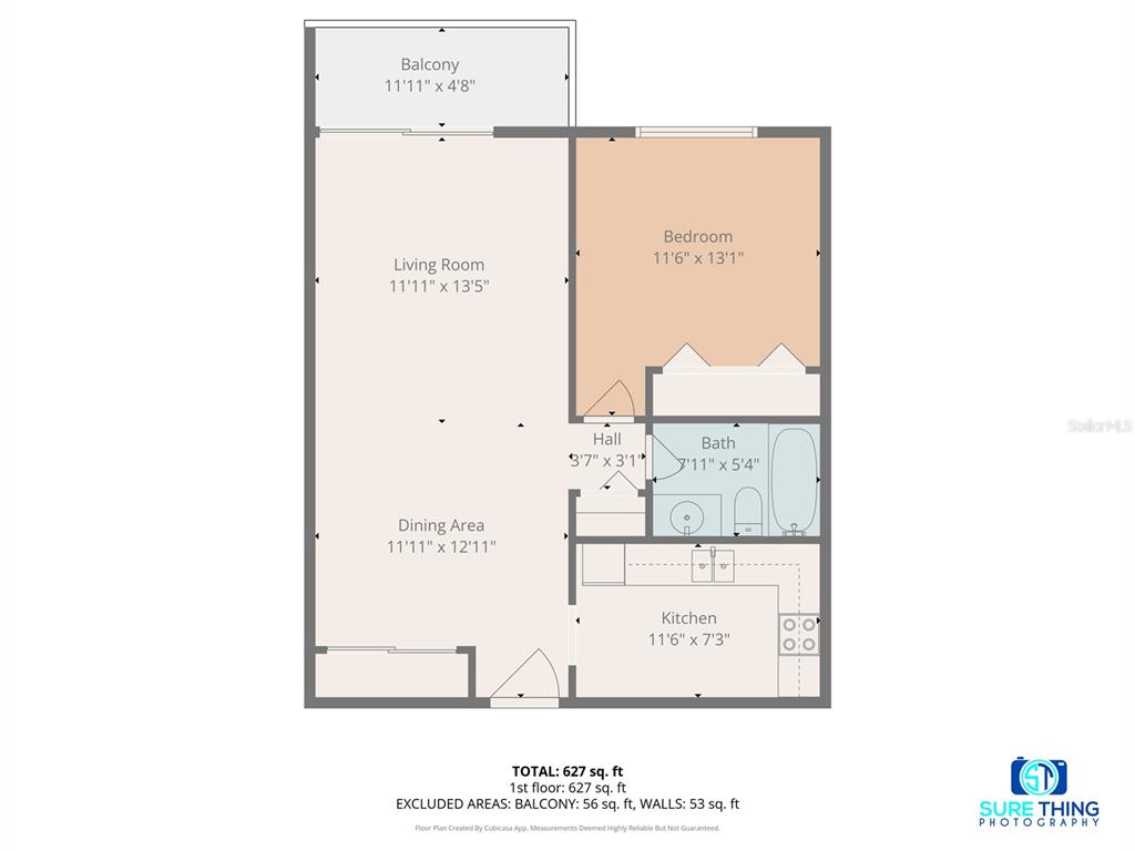 This is a floor plan for a one-bedroom apartment with a balcony, kitchen, and bathroom — 2711 N HALIFAX AVENUE UNIT 370, DAYTONA BEACH, FL