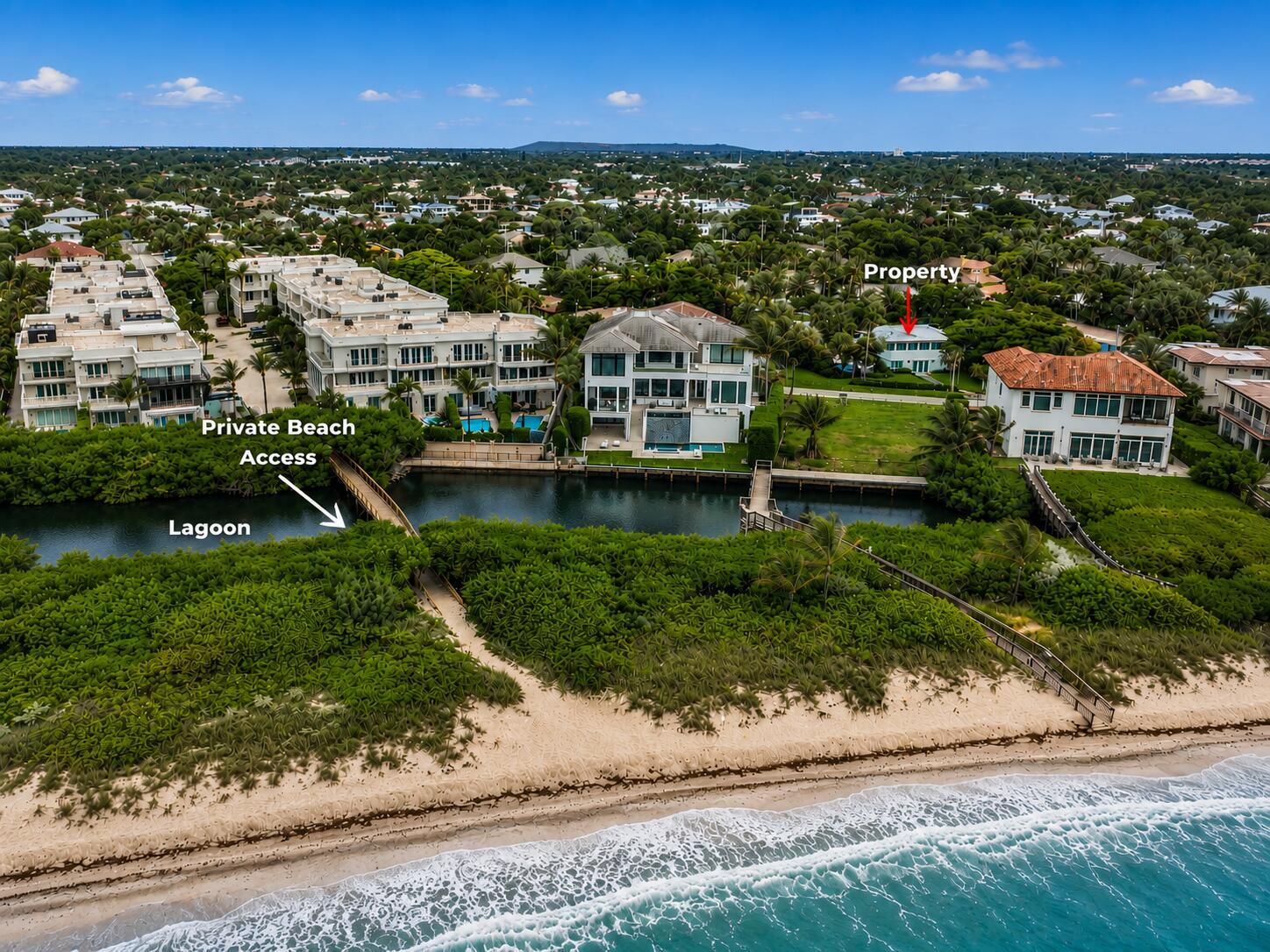 An aerial view shows a coastal property with a lagoon, private beach access, and homes — 1903 Bay Drive, Pompano Beach FL 33062, POMPANO BEACH, FL