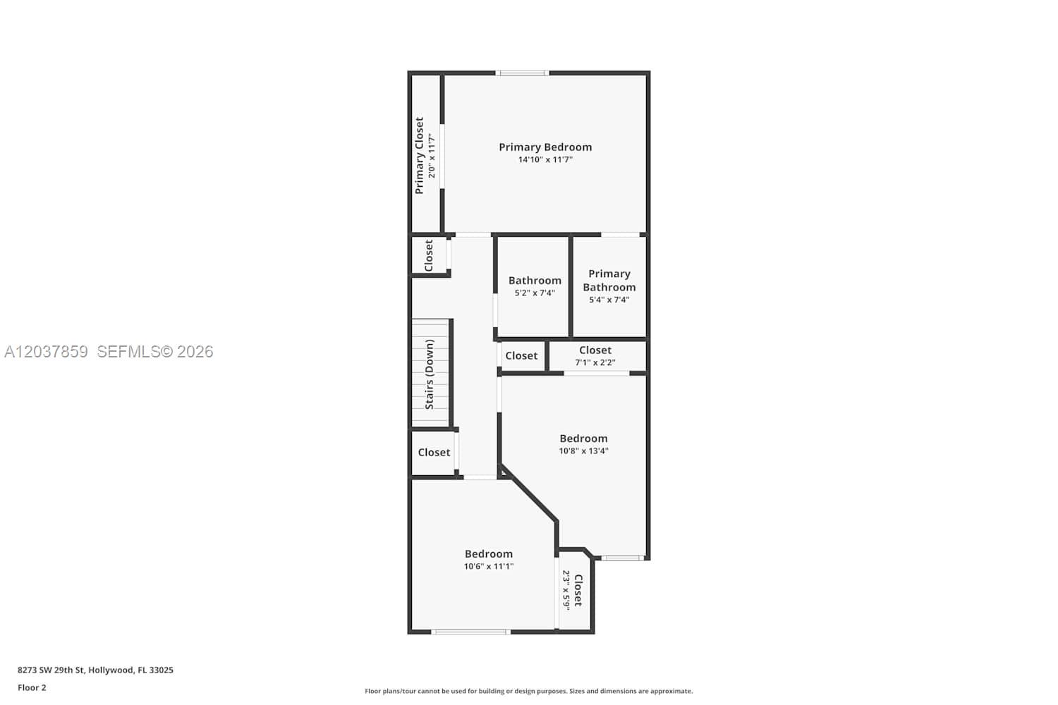This is a floor plan of a second story featuring three bedrooms and two bathrooms — MIRAMAR, FL