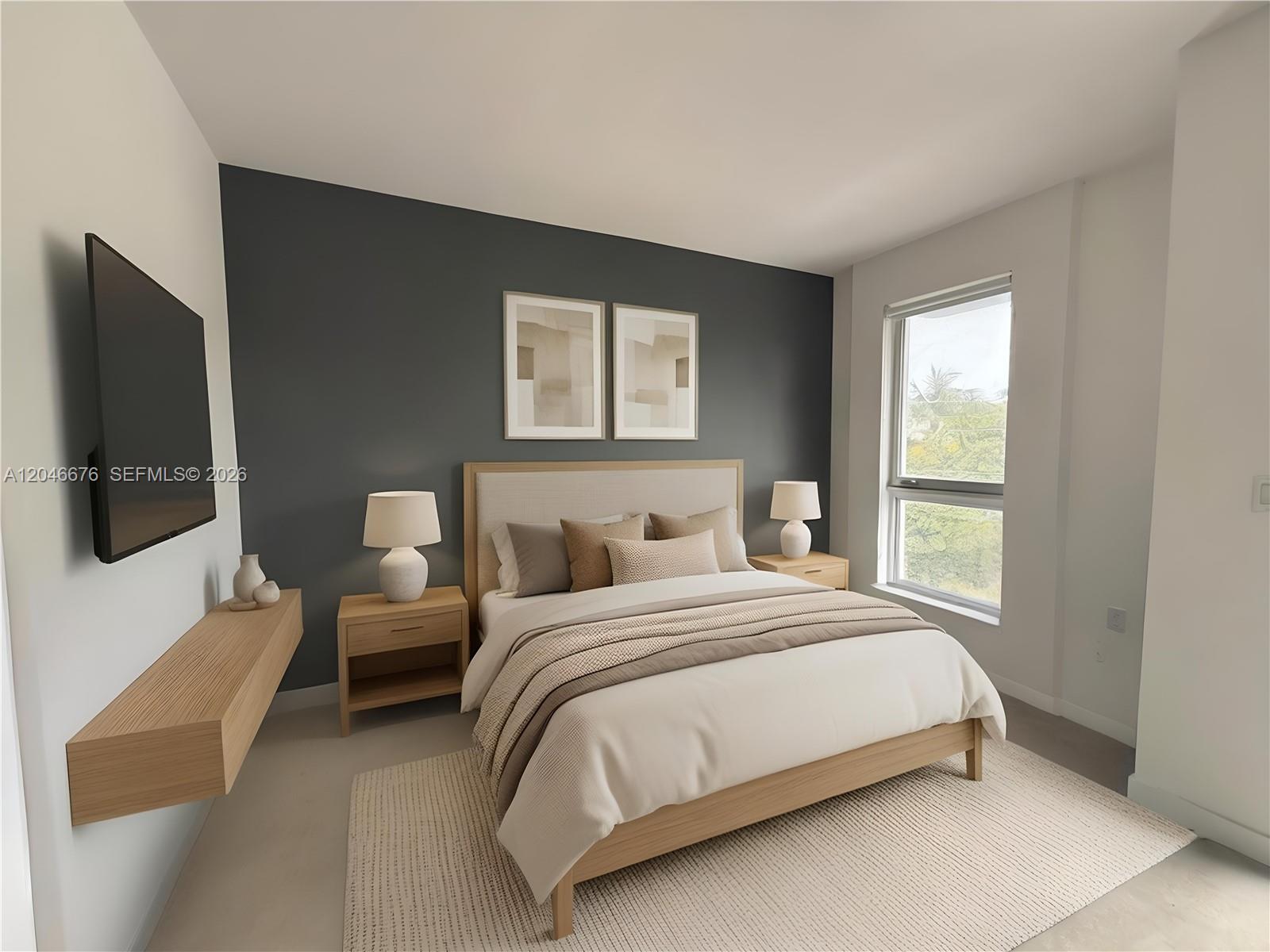 This is a rendering of a bedroom featuring a dark accent wall and light wood furniture — 769 NW 1st St # 301, Miami FL 33128, MIAMI, FL