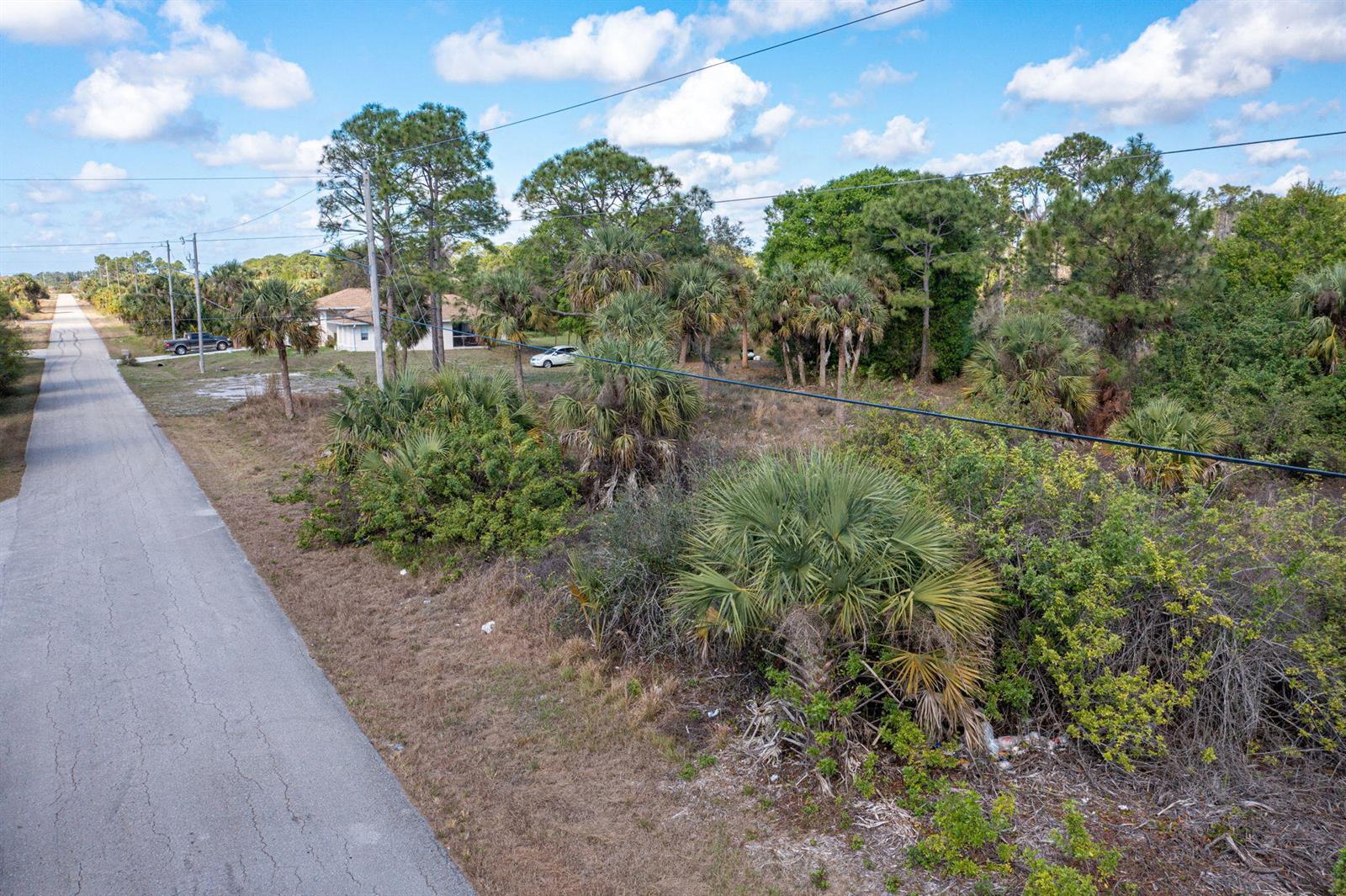 An aerial view of a paved road bordering a vacant, tree-filled lot with a house nearby — 773 Cadis Street E, Lehigh Acres FL 33974, LEHIGH ACRES, FL