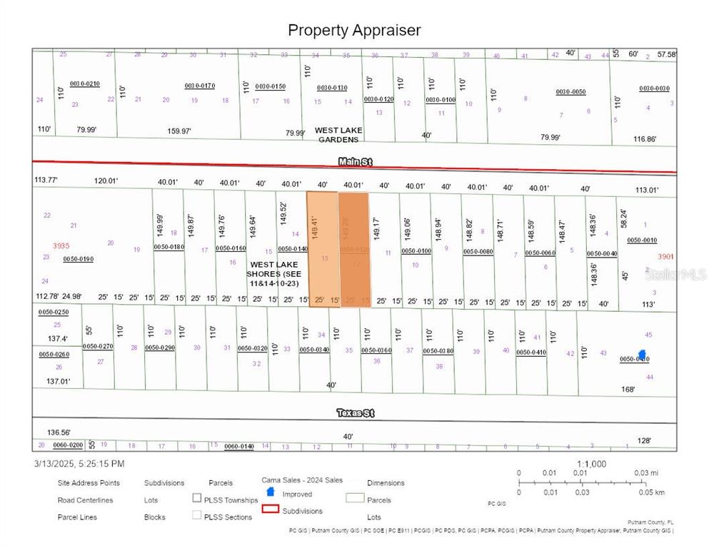 This is a property appraiser map showing parcel boundaries, lot dimensions, and street layouts — 3921 & 3923 MAIN STREET, HAWTHORNE, FL