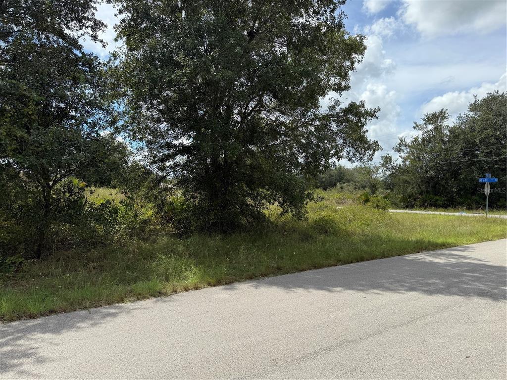 A paved road leads to a grassy, tree-filled vacant lot under a cloudy sky — 2513 72ND STREET W, LEHIGH ACRES, FL