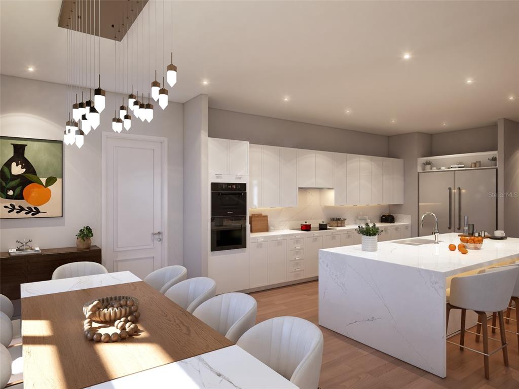 This rendering shows an open-concept living area with a grand piano, kitchen island, and fireplace — 10009 CRISBERT COURT UNIT 2-504E, ORLANDO, FL