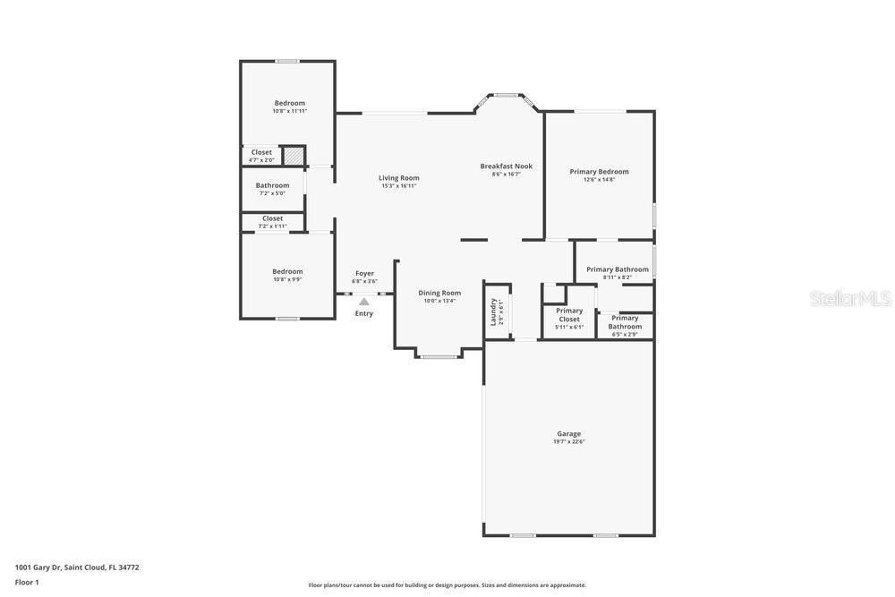 This is a floor plan showing the layout of a single-story residential home — 1001 GARY DRIVE, ST CLOUD, FL