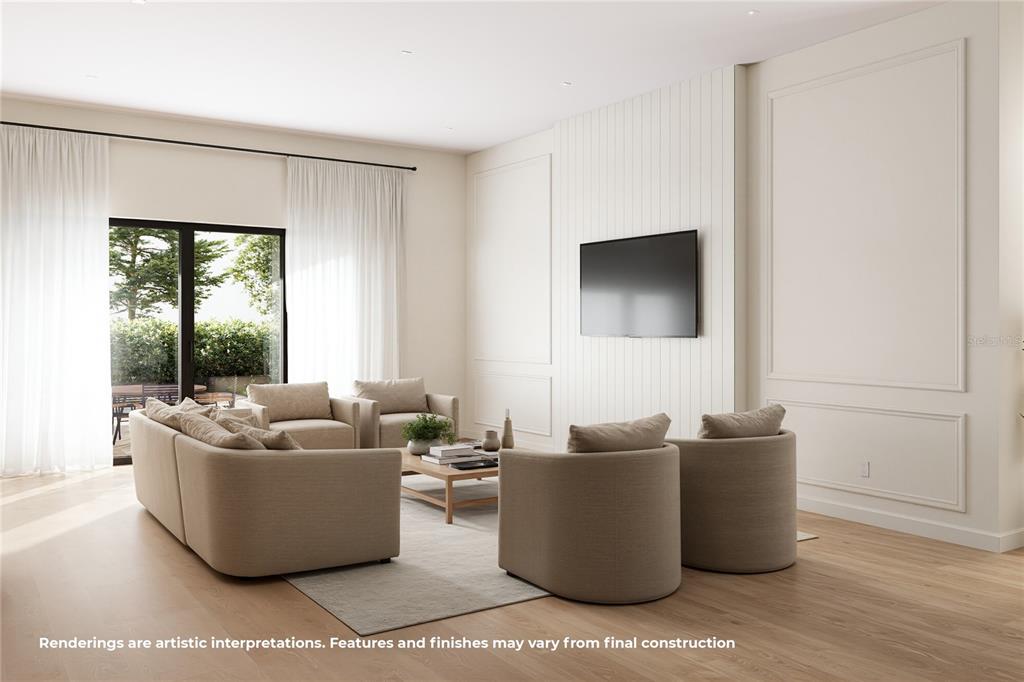 This rendering shows a modern living room with beige furniture, a wall-mounted television, and floor-to-ceiling curtains — 907 N HYER AVENUE, ORLANDO, FL