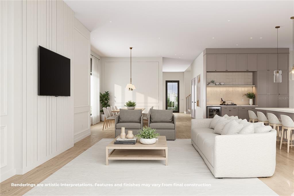 This rendering shows an open-concept living room and kitchen with neutral tones and modern furniture — 907 N HYER AVENUE, ORLANDO, FL