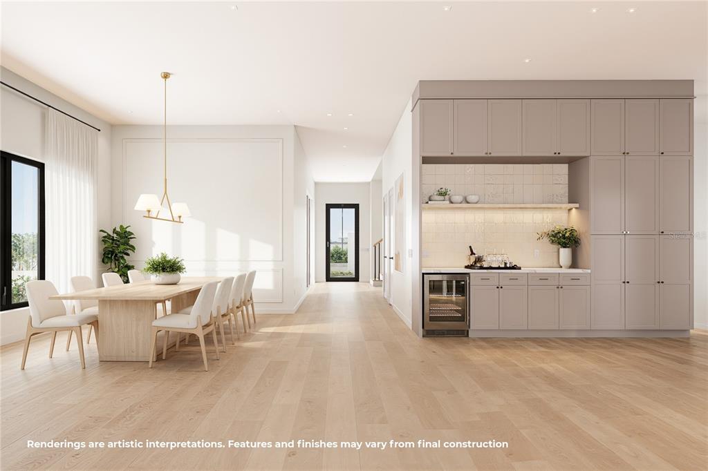 This rendering shows a dining area and a built-in wet bar with light wood flooring — 907 N HYER AVENUE, ORLANDO, FL