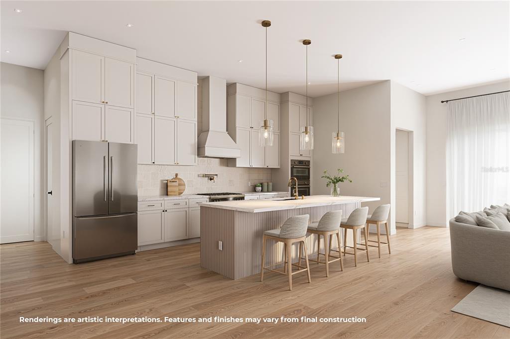 This rendering shows a modern kitchen with light cabinetry, a large island, and wood flooring — 907 N HYER AVENUE, ORLANDO, FL