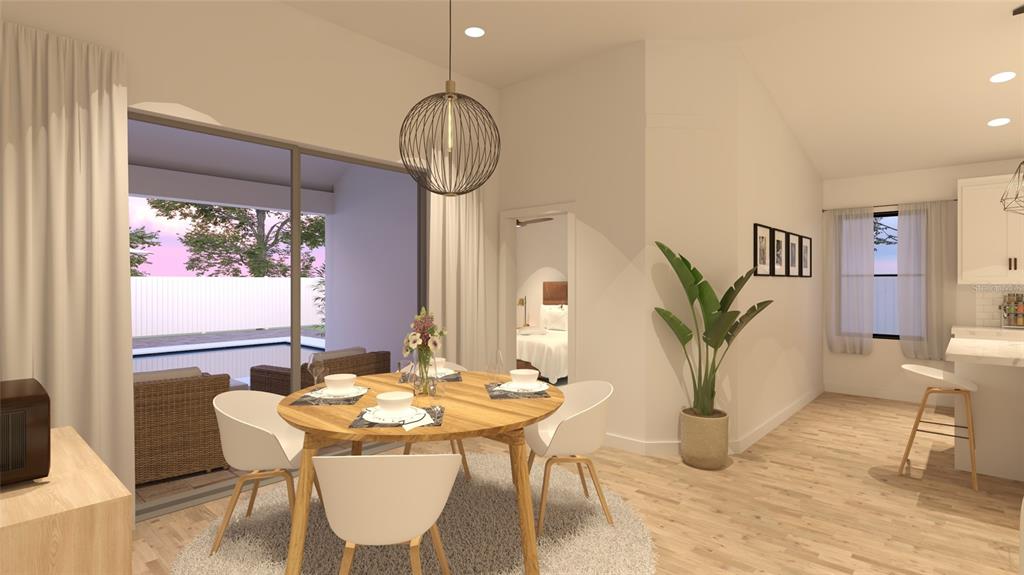 This rendering shows a dining area with a round wooden table, chairs, and patio access — 3189 FRANTZ AVENUE SW, PALM BAY, FL