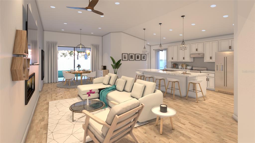 This rendering shows an open-concept living room and kitchen with light wood flooring — 3189 FRANTZ AVENUE SW, PALM BAY, FL